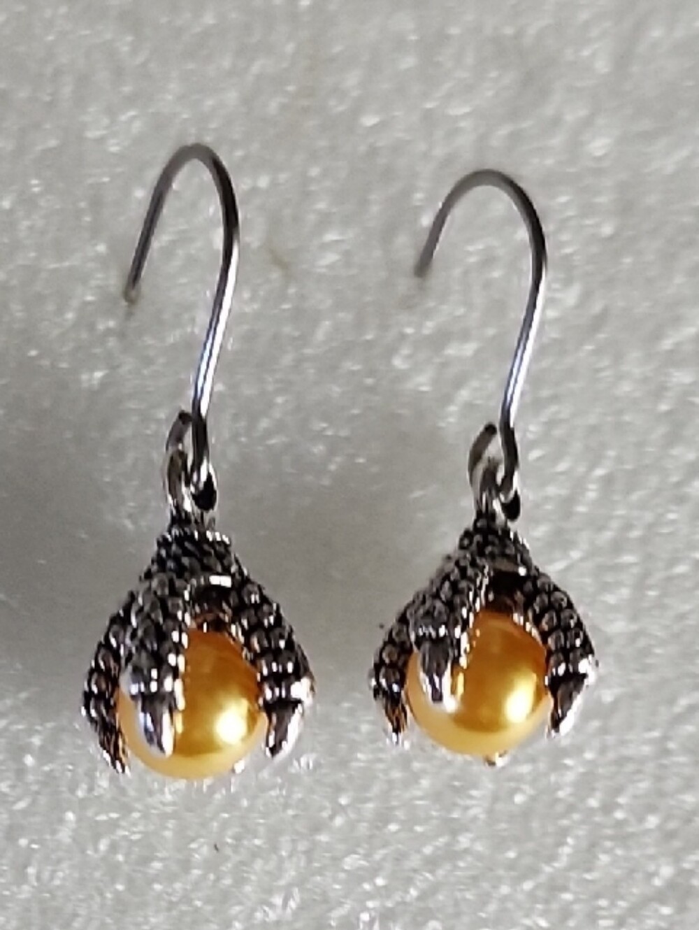 Yellow Pearl Drop Earrings in Silver-Tone Dragon Claw Setting